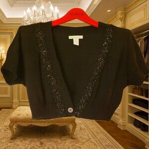 Cashmere Silk KNIT Black Shrug Short Sleeve Accent Details Size M